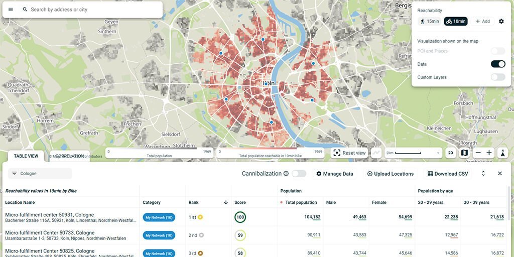 Grocery delivery: A map showing of Cologne, showing several micro-fulfillment centers in the German city.