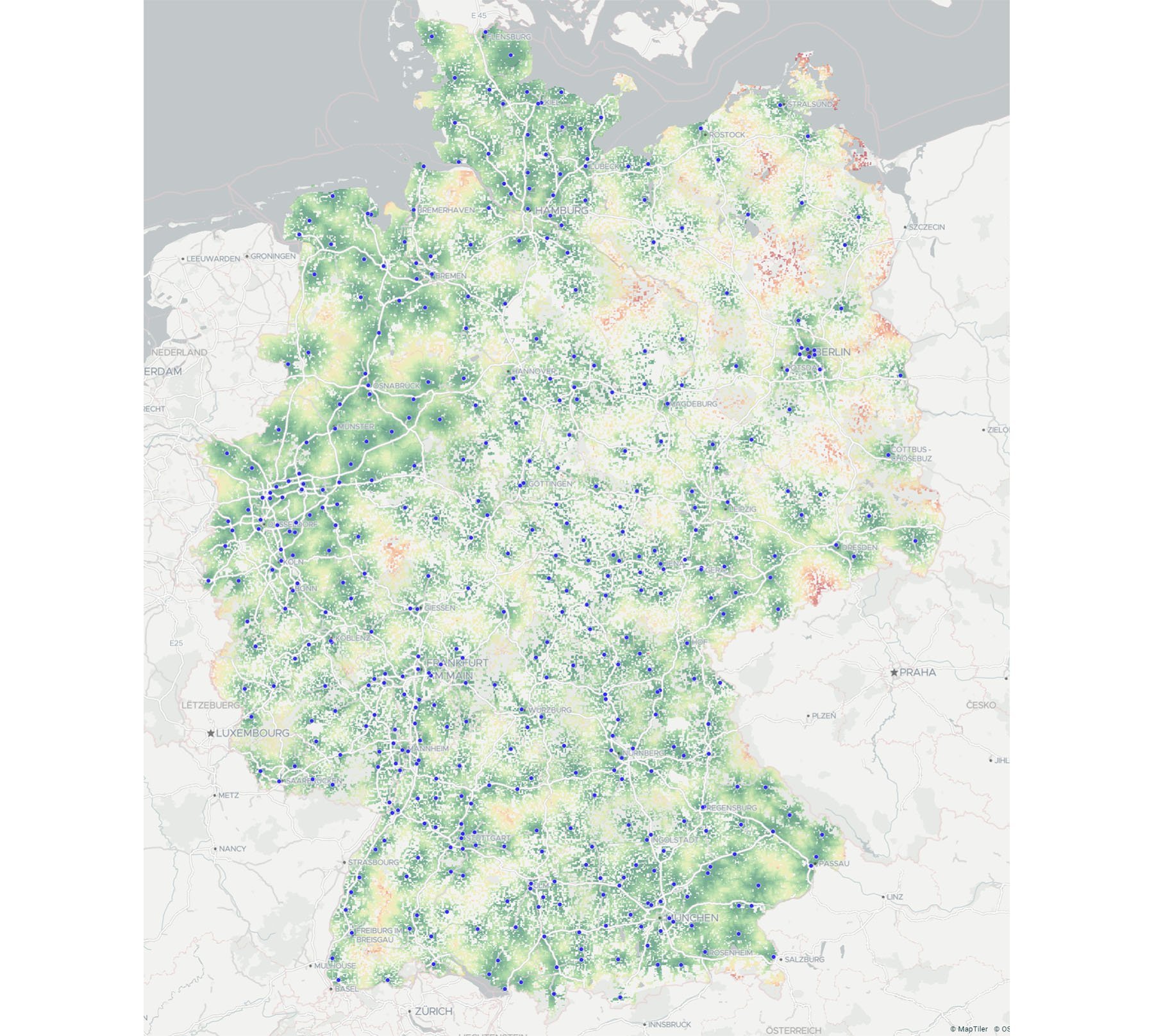 A map that shows Germany's 446 vaccination centers and the catchment areas of these sites, based on a 60-minute car drive.