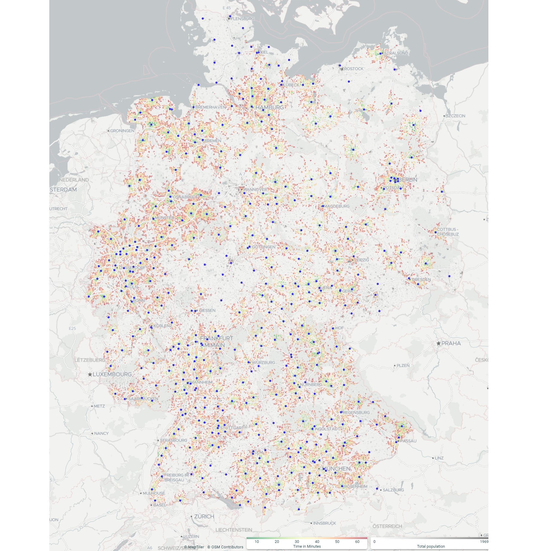 A map that shows Germany's 446 vaccination centers and the catchment areas of these sites, based on a 60-minute drive by public transportation.