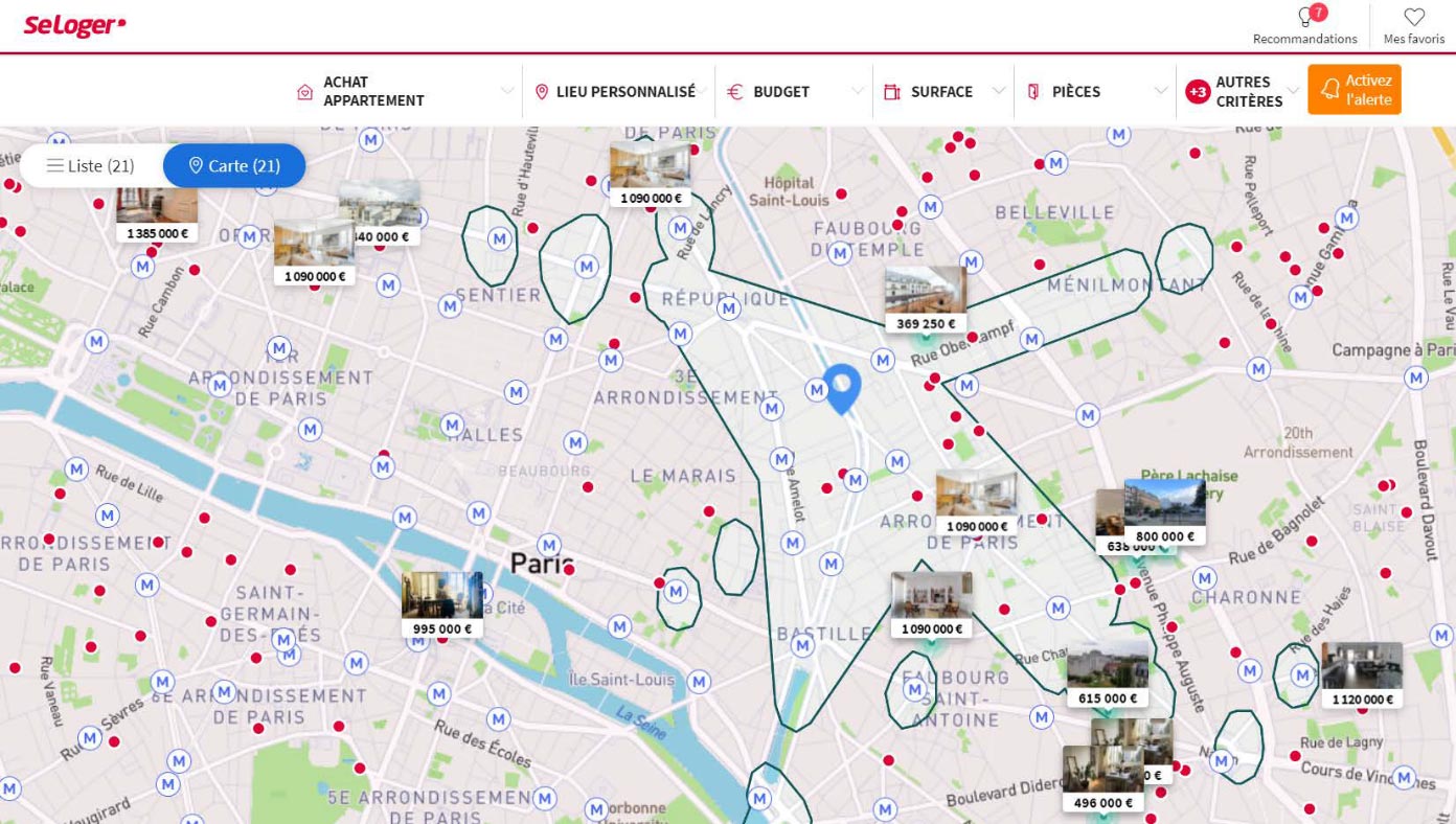 French real estate platform SeLoger offers its clients a better search experience, allowing them to take into account travel times to their offices, gyms, childrens' schools and train stations.