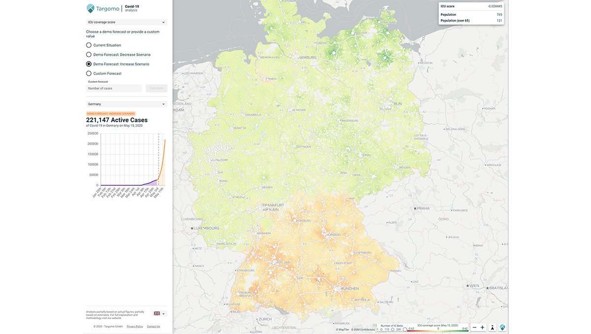 Targomo's interactive tool to analyze and visualize the capacities of intensive care bed units in the face of the coronavirus pandemic.