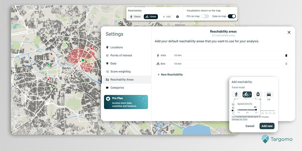 Change the bike speed to use e-bikes as a travel mode in Targomo's location analytics platform TargomoLOOP.