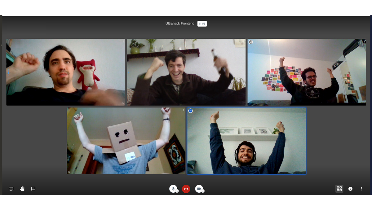 Targomo engineers cheer after hearing they won an award during the "Data against Covid-19" hackathon.