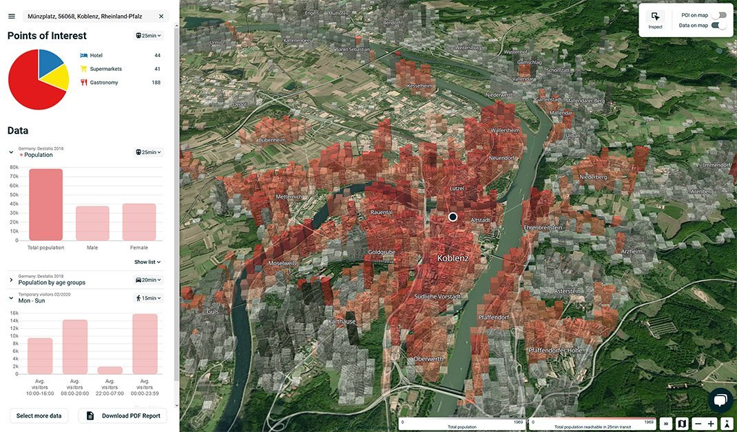 The catchment area of a location visualized on a map in the location analytics platform TargomoLOOP.
