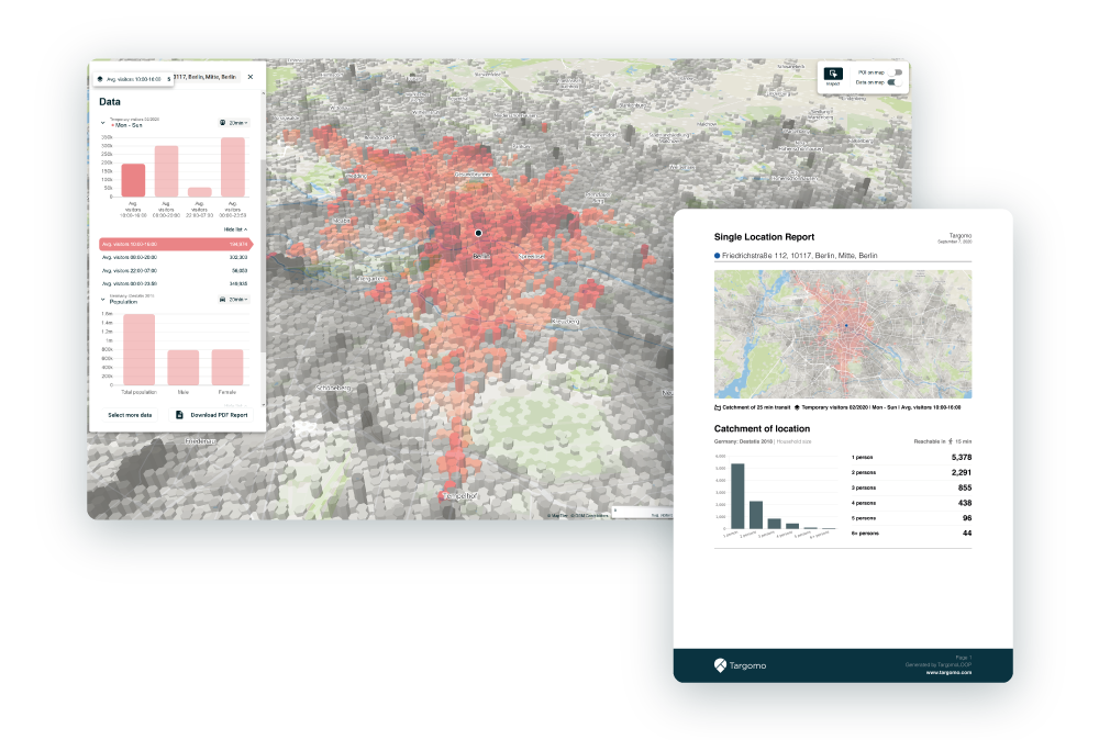 The catchment area of a location visualized on a map and detailed in a report.