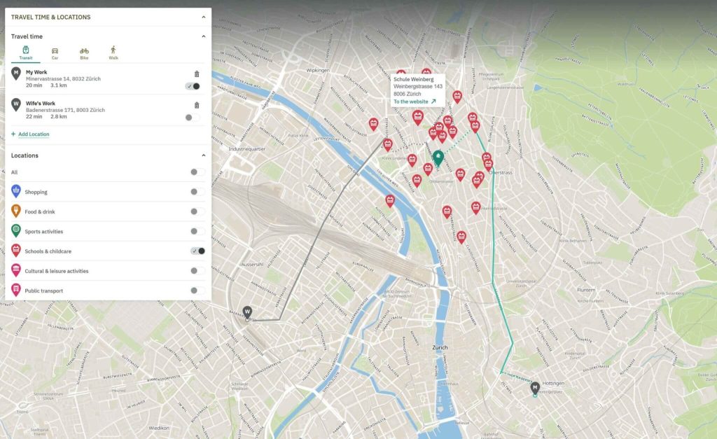 Within the map view of a real estate offer, newhome users can select and display relevant POIs in the immediate vicinity and display them on the map. Additionally, the route and travel time to pre-entered personal addresses is shown in detail.